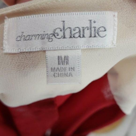 Charming Charlie Red Cream sheer colorblock medium quarter sleeve Blouse - Picture 7 of 8